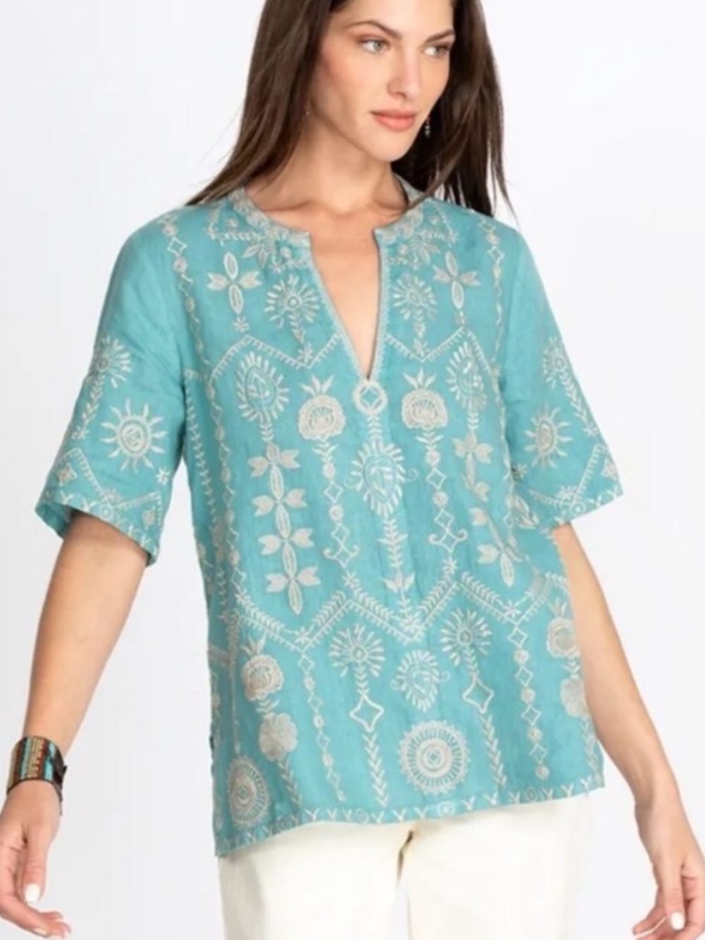 Johnny Was Boho Embroidered Linen V-Neck Blouse